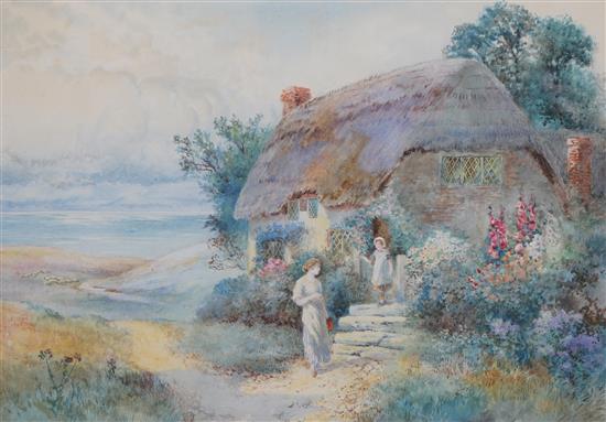 Thomas Noel Smith Figures beside a thatched cottage 25 x 35cm